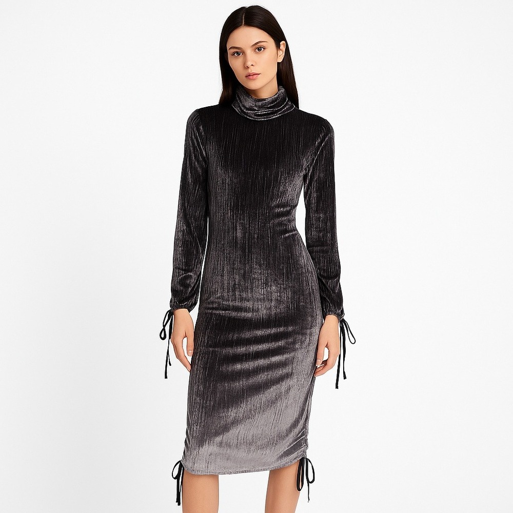 KOMAROV Crushed Velvet Ruched Midi Dress Gray Abstract Drawstring Hem S